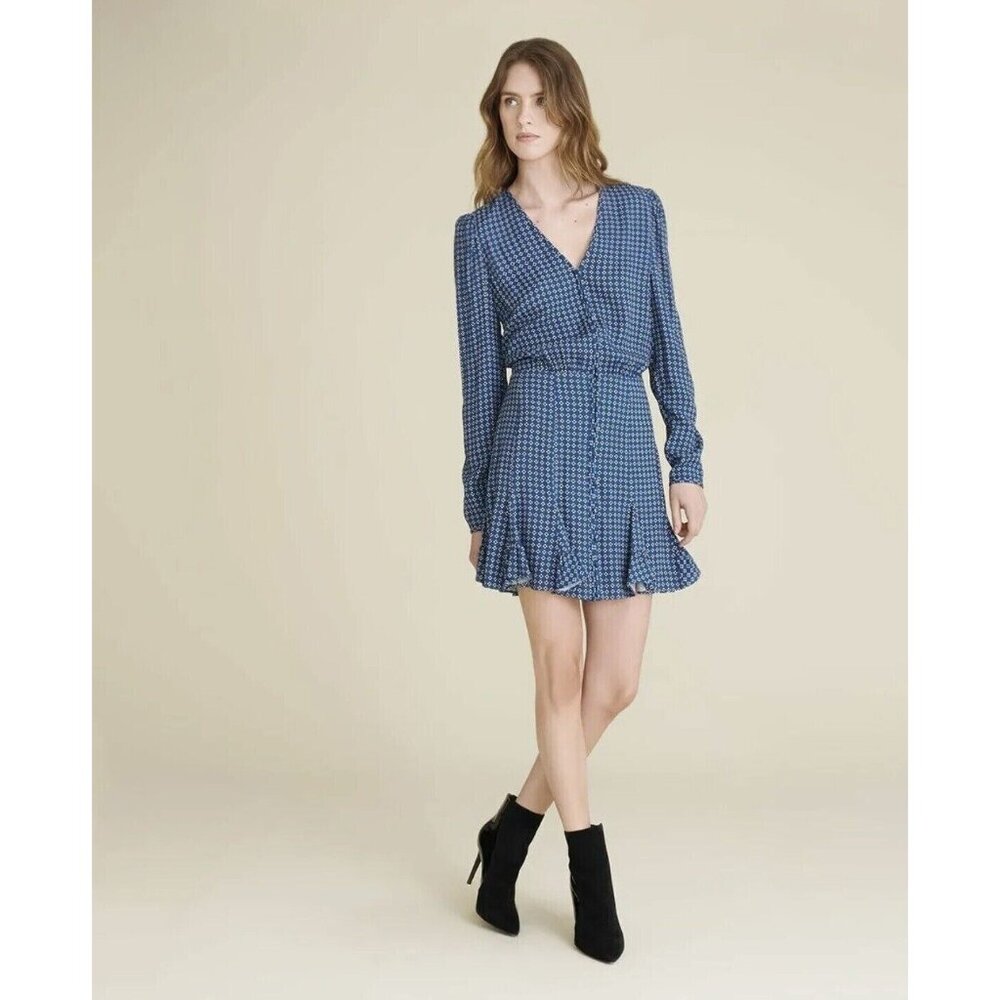 Veronica Beard Blue & White Riggins Size 0  Mini Dress  Prussian Blue Ruffle NWT